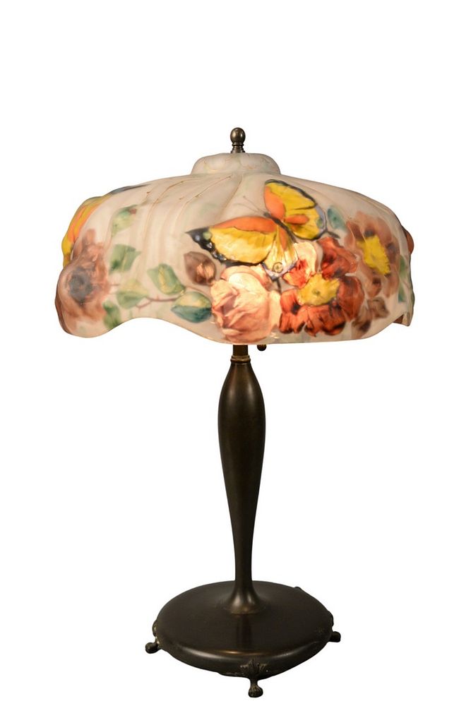 Appraisal: Puffy Pairpoint Table Lamp rose and butterfly shade signed Pairpoint