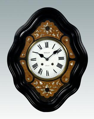 Appraisal: French inlaid wall clock cartouche shaped mother-of-pearl and wood inlay