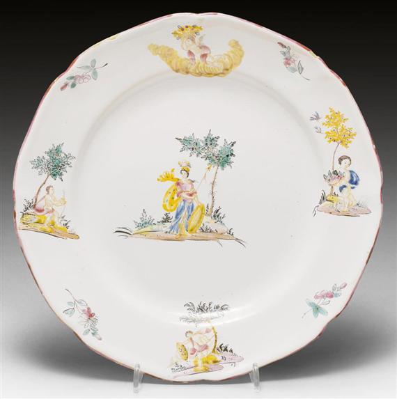 Appraisal: PLATE WITH ALLEGORICAL SCENES MOUSTIER TH CENTURY Facetted form polychrome