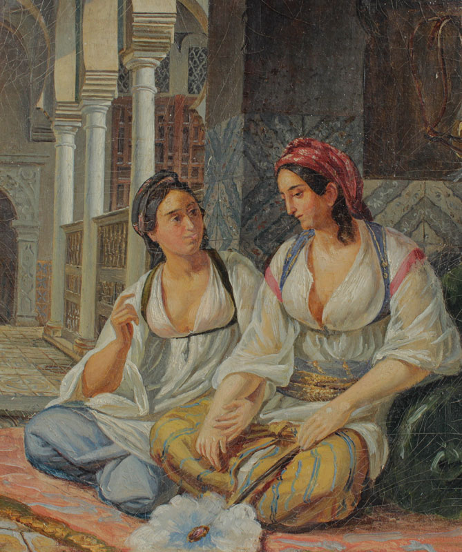 Appraisal: ORIENTALIST HAREM INTERIOR PAINTING Scene Depicts Two Young Girls in