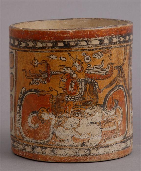 Appraisal: MAYAN-STYLE ORANGEWARE POTTERY CYLINDRICAL VESSEL Painted with figural panels of