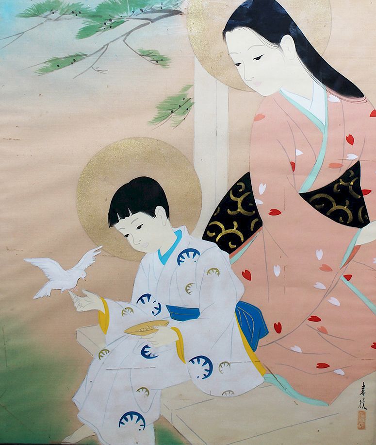 Appraisal: Two Vietnamese Paintings Two Vietnamese paintings with mothers and childs