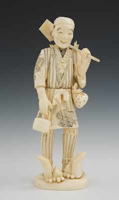 Appraisal: A Large Signed Carved Ivory Figure of a Peasant A