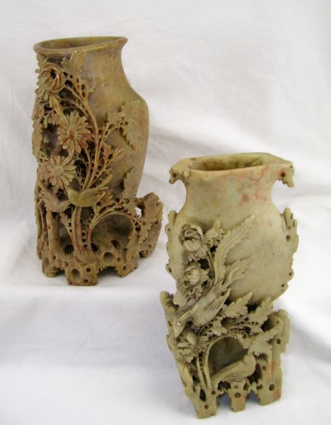 Appraisal: - Carved Soapstone Vases Includes Vase with bird and floral