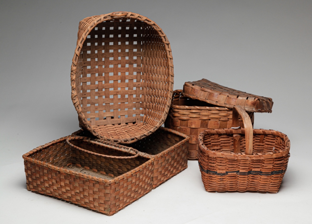 Appraisal: FOUR AMERICAN BASKETS Early th century woven splint Two part