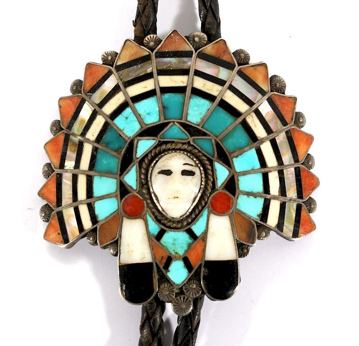 Appraisal: Zuni Mosaic Inlay Chief's Head Bolo Tie For your consideration