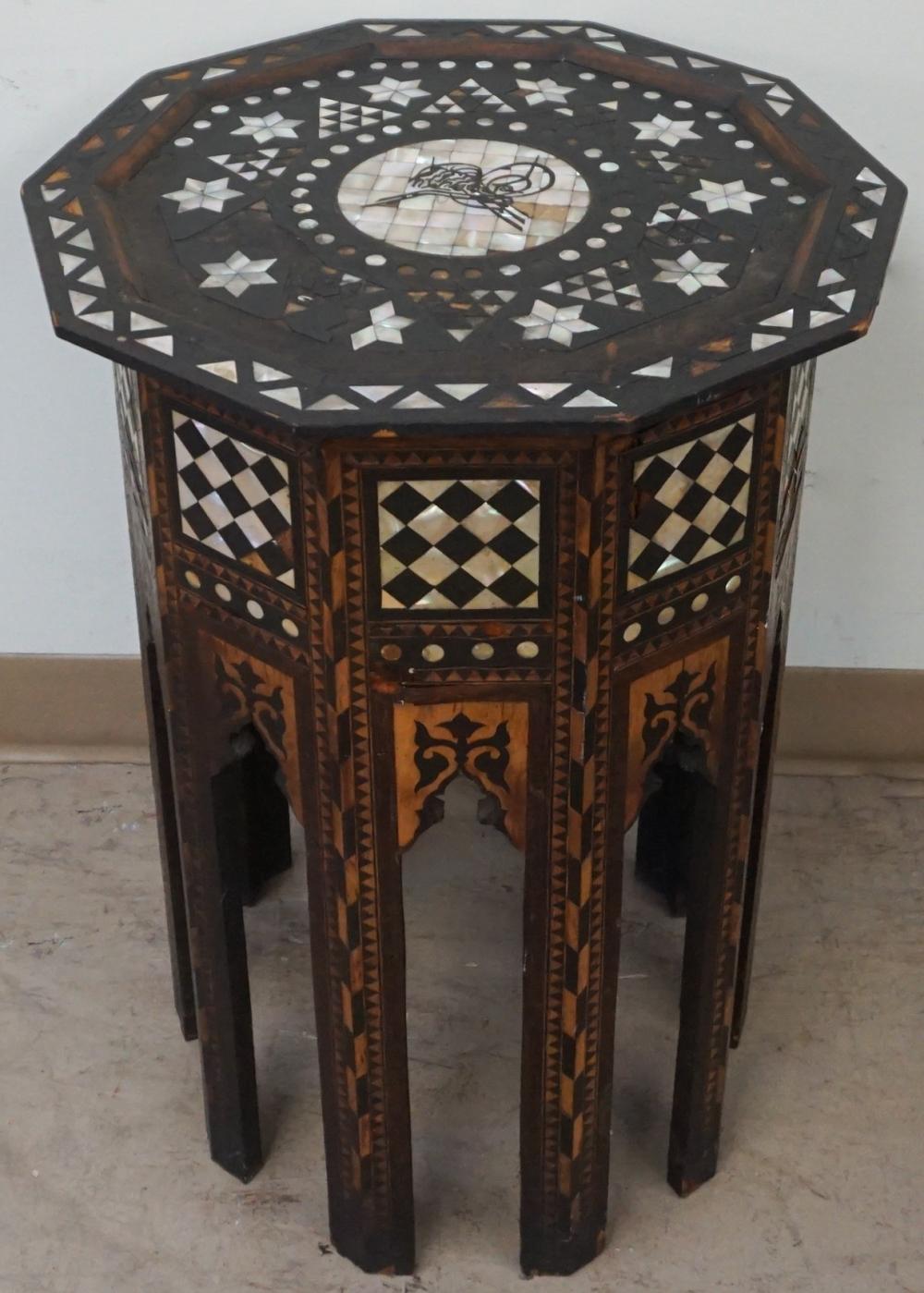 Appraisal: SYRIAN MOTHER OF PEARL INLAID FRUITWOOD DECAGONAL SIDE TABLE X