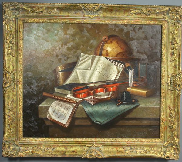 Appraisal: E L Torge still life of books violin globe etc