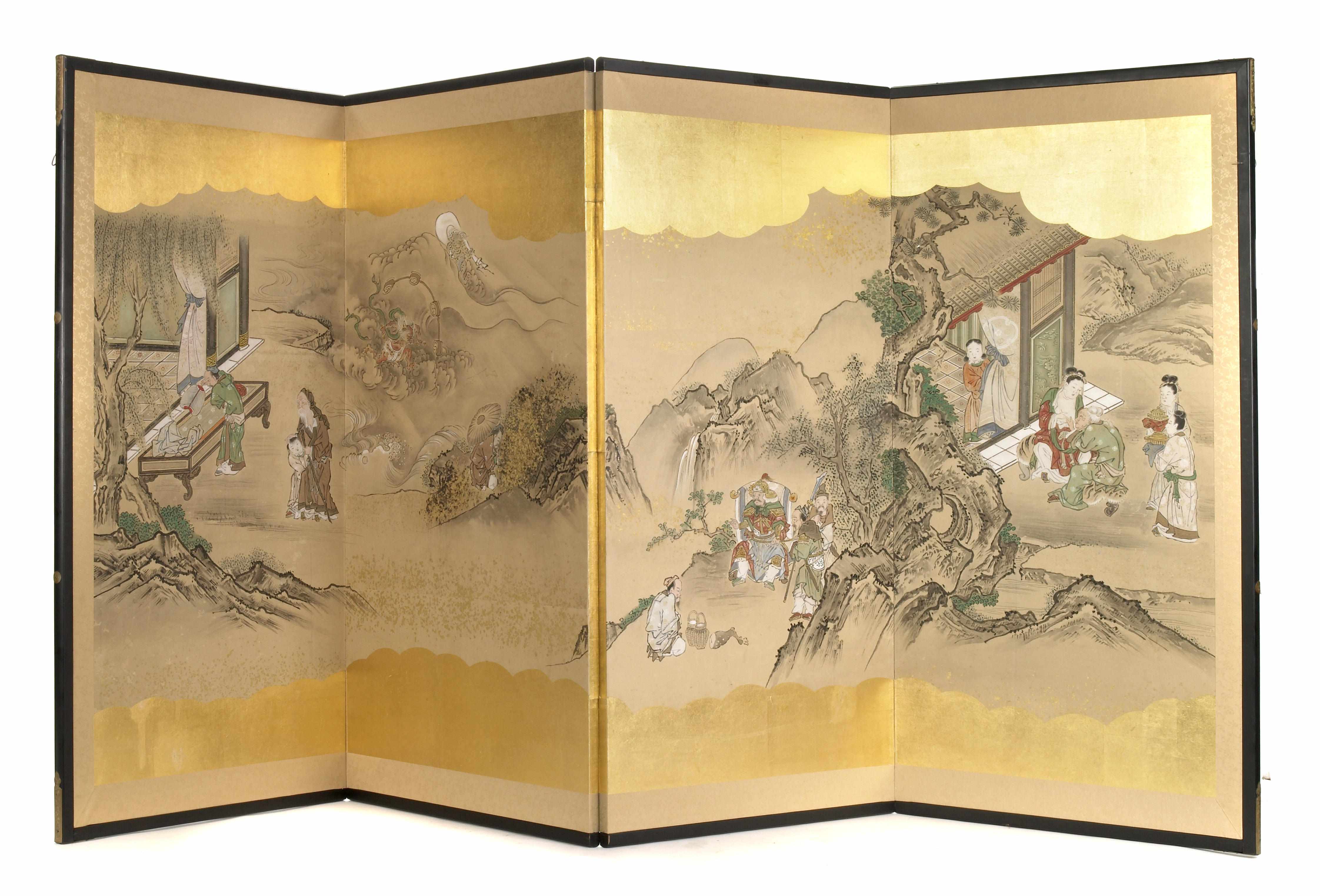 Appraisal: A Japanese four-panel screen depicting Chinese figures Late th-early th