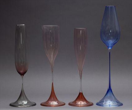 Appraisal: FOUR ORREFORS GLASS STEMMED GOBLETS BY NILS LINDBERG The bowls