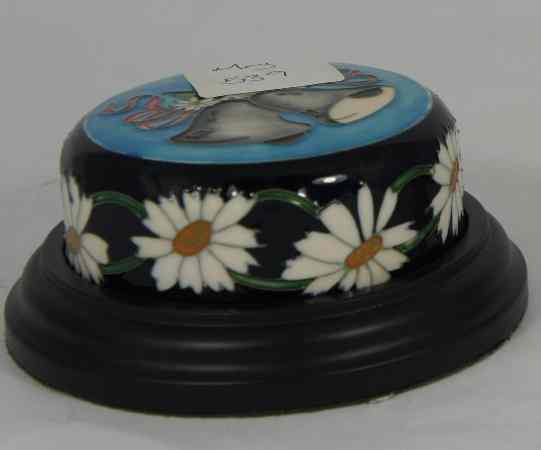 Appraisal: Moorcroft Paperweight in Wooden Mount in the Wedding Bells Design