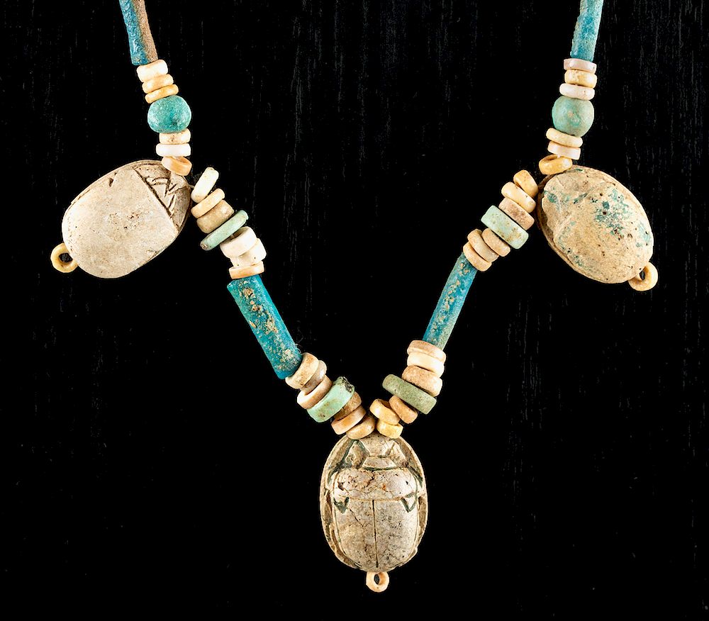 Appraisal: Egyptian Faience Bead Necklace w Scarabs ex-Mitry Ancient Egypt New