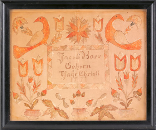 Appraisal: Abraham Huth Pennsylvania th th c watercolor fraktur for Jacob