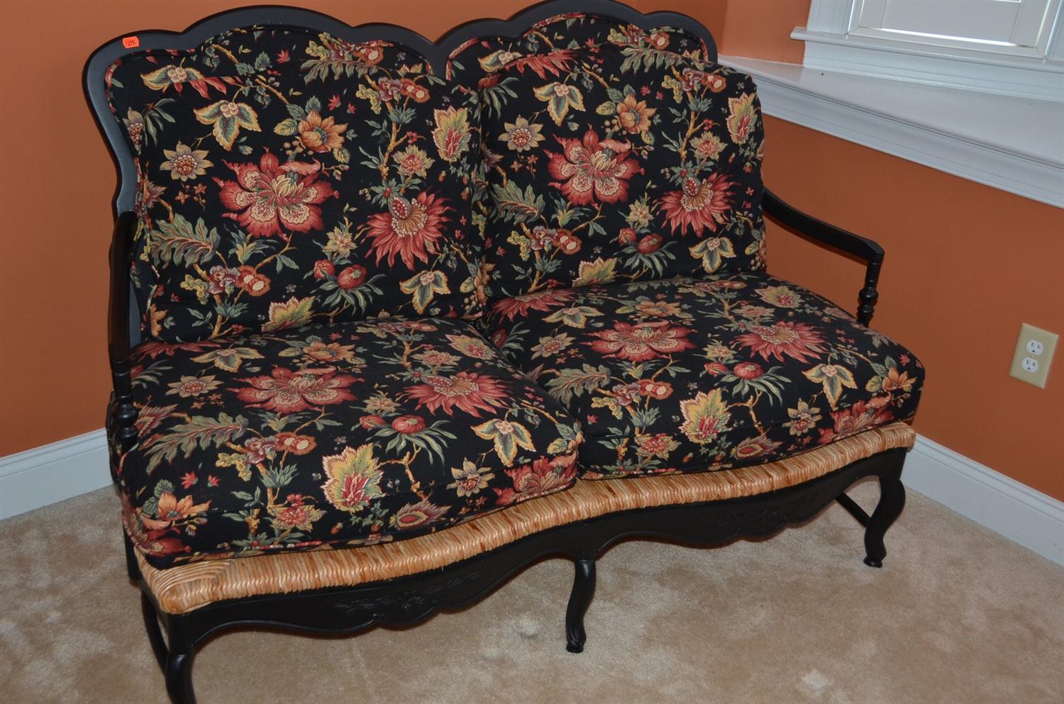 Appraisal: Black painted provincial style seated settee with woven rush seat