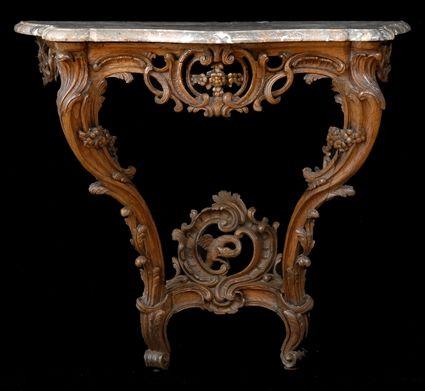 Appraisal: LOUIS XV CARVED OAK CONSOLE WITH MARBLE TOP The serpentine-fronted