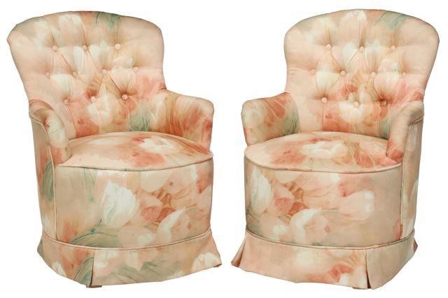 Appraisal: pair French upholstered armchairs th c in silk floral print