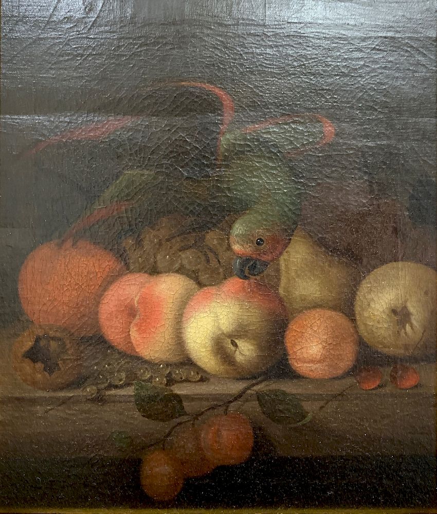 Appraisal: Continental School Still Life Parrot and Fruit Oil on Canvas