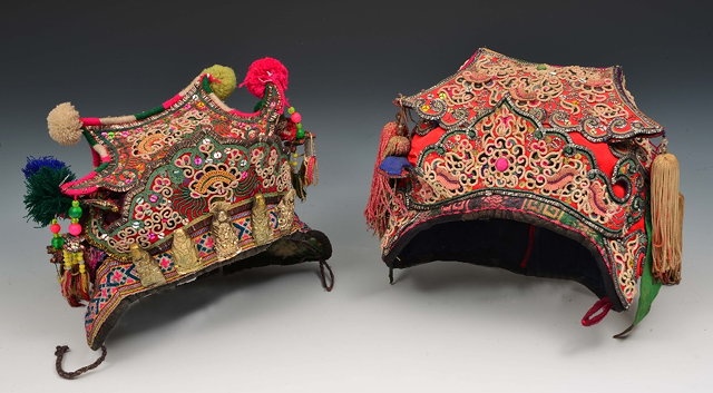 Appraisal: Two Tibetan Chinese ceremonial hats th th Centuryeach with embroidered