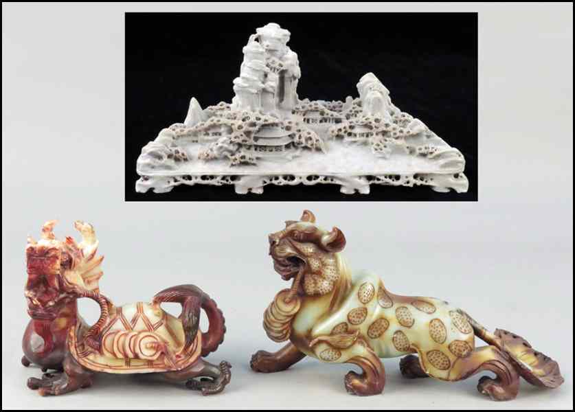 Appraisal: CARVED SOAPSTONE MOUNTAIN Together with a carved soapstone dragon and