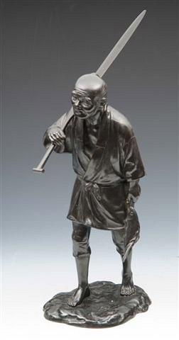 Appraisal: A JAPANESE BRONZE FIGURE OF A FISHERMAN the standing figure