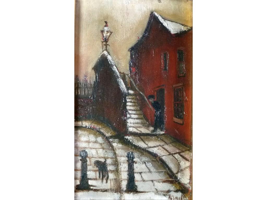 Appraisal: HAROLD RILEY b OIL PAINTING ON BOARD Street scene with