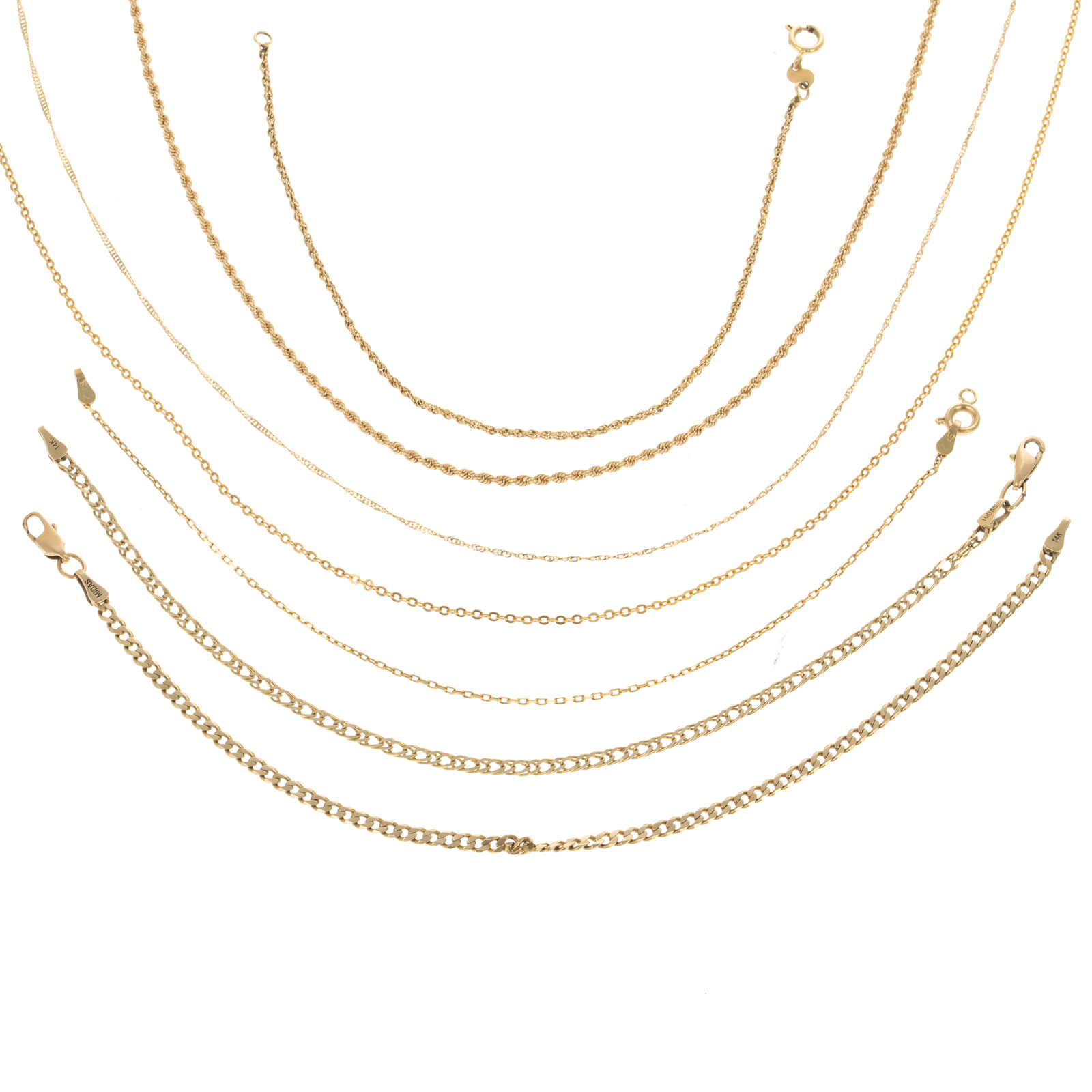 Appraisal: A COLLECTION OF GOLD CHAIN BRACELETS NECKLACES Including four K