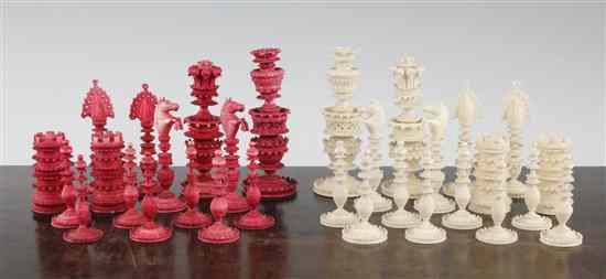 Appraisal: An early th century Kashmir red stained carved ivory chess