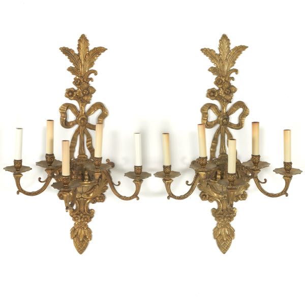 Appraisal: PAIR OF EMPIRE STYLE PATINATED ORMOLU BRONZE FIVE-LIGHT WALL SCONCES