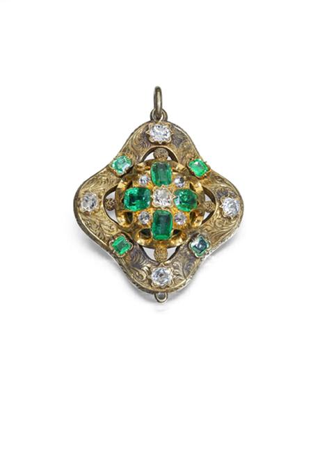 Appraisal: A mid- th century emerald and diamond set pendant of