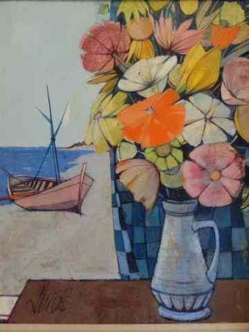 Appraisal: LEVIER Charles O C Still Life Bouquet and Boatthrough Window