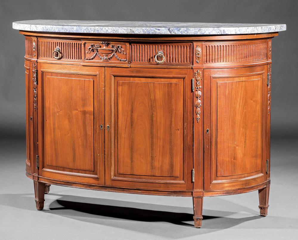 Appraisal: Louis XVI-Style Mahogany Demilune Commode later blue granite top stop-fluted