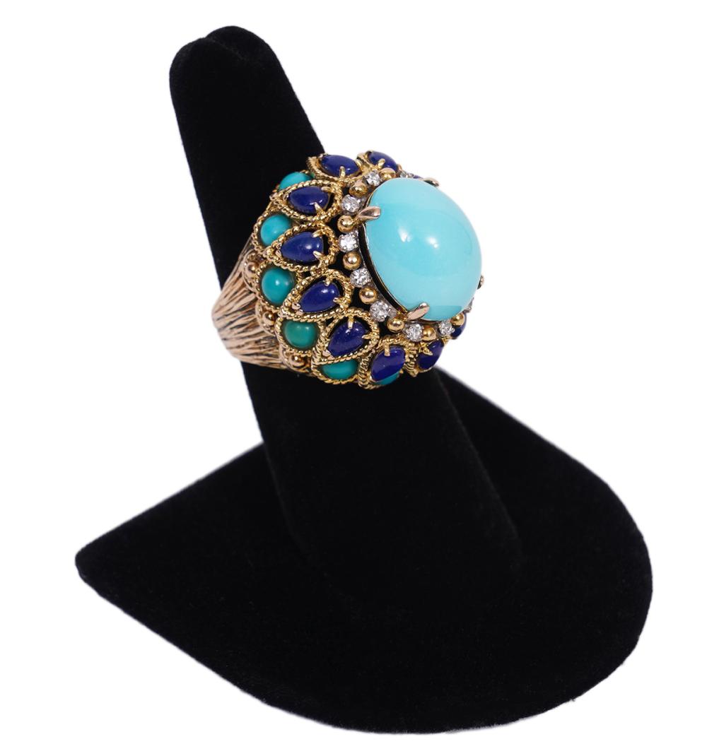 Appraisal: VINTAGE TURQUOISE LAPIS DIAMOND BOMBE RINGVintage turquoise lapis and diamond