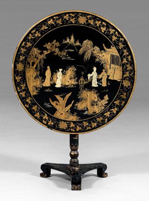 Appraisal: Chinese export tilt-top table black lacquer with gilt figures in