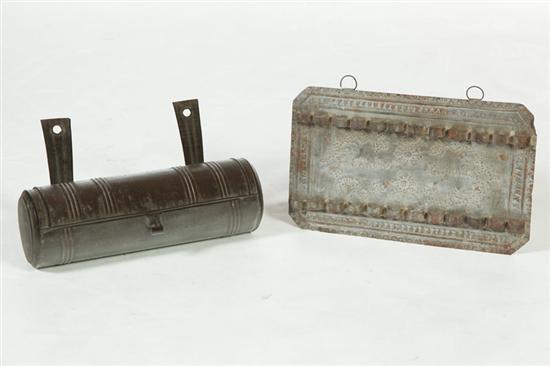 Appraisal: TWO TIN ITEMS American th century Round hanging candle box