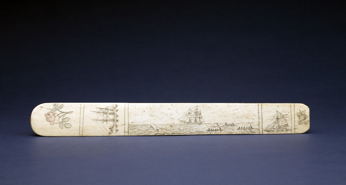 Appraisal: SCRIMSHAW POLYCHROME-DECORATED WHALEBONE LADY'S BUSK BELONGING TO H PALMER Engraved