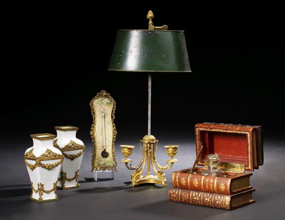 Appraisal: French Matte-Gilded Brass and Emerald Tole-Peinte Two-Light Bouilotte Lamp fourth