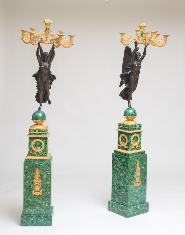 Appraisal: FINE PAIR OF EMPIRE STYLE ORMOLU AND PATINATED BRONZE-MOUNTED MALACHITE