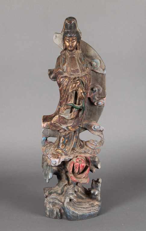 Appraisal: Chinese carved and polychromed wood figure of Quan-Yin modeled as