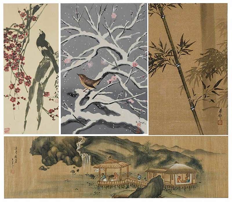 Appraisal: Four Framed Japanese Artworks th th century four artworks depicting