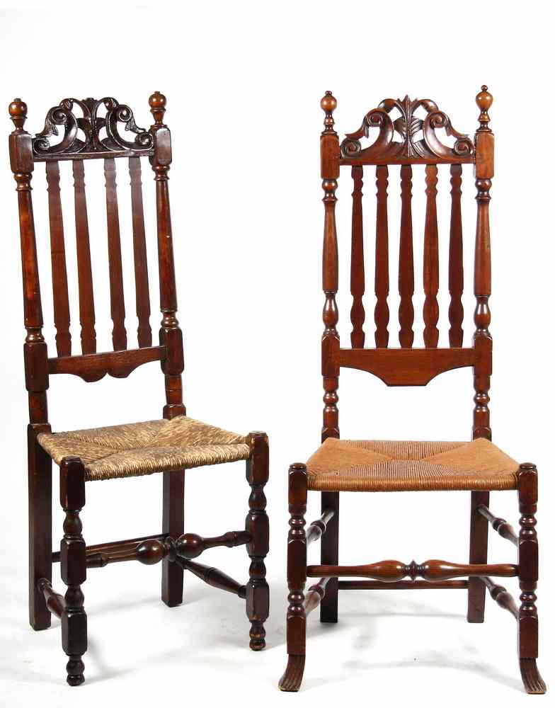 Appraisal: TWO SIMILAR WILLIAM MARY COUNTRY CHAIRS - Walnut William Mary