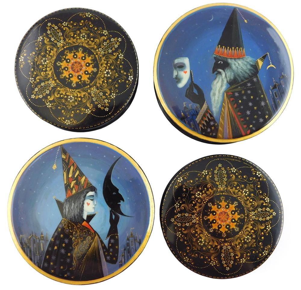 Appraisal: Russian hand-painted lacquer boxes group of four pair of Carnivale