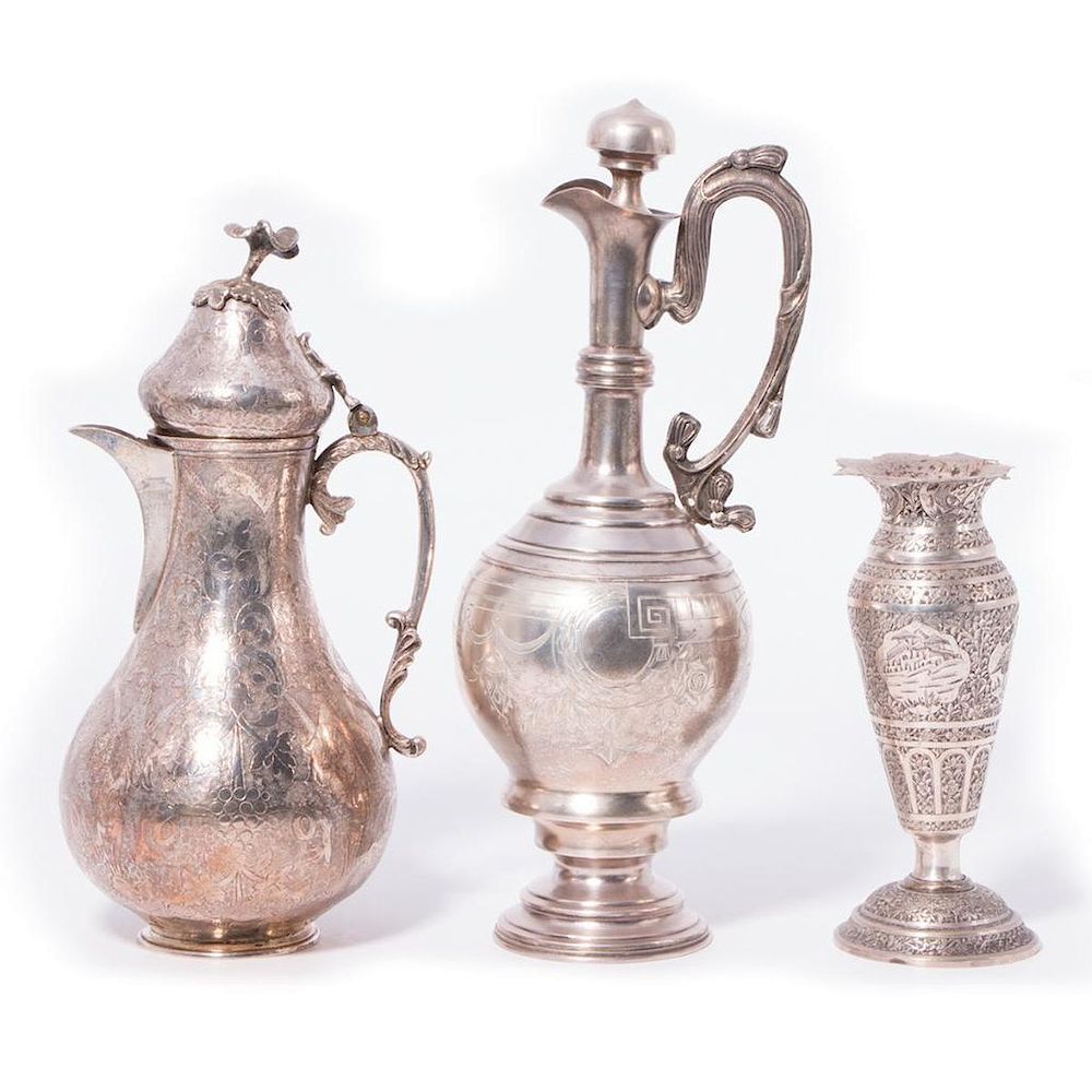 Appraisal: Mixed Silver Lot Persian Vase Oil Pitcher Persian Co Silver