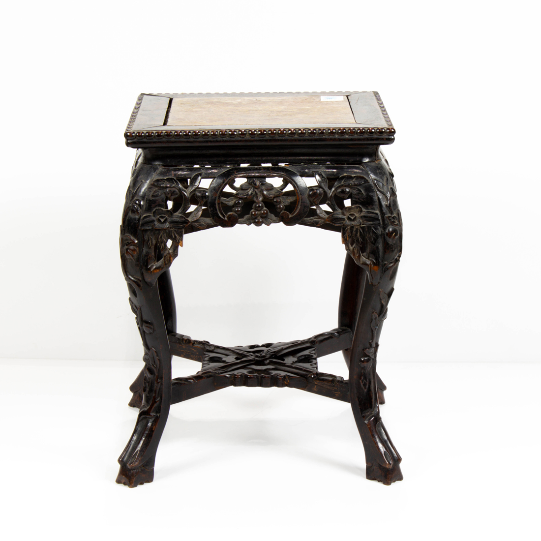 Appraisal: CHINESE HARDWOOD SQUARE-FORM STAND WITH MARBLE TOP Chinese hardwood square-form