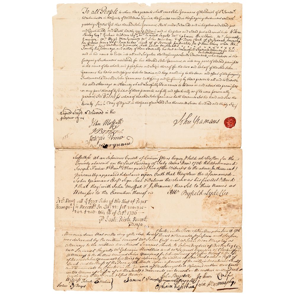 Appraisal: SAMUEL SHUTE Signed Document Royal Governor of the Massachusetts Bay