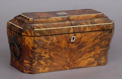 Appraisal: REGENCY IVORY AND PEWTER-MOUNTED TORTOISESHELL TEA CADDY The stepped hinged