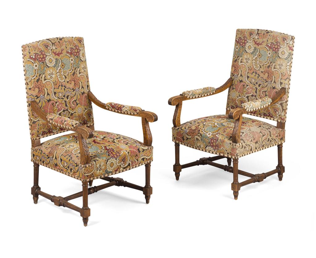 Appraisal: PAIR OF FRENCH NEEDLEWORK UPHOLSTERED BEECH ARMCHAIRS LATE TH CENTURY