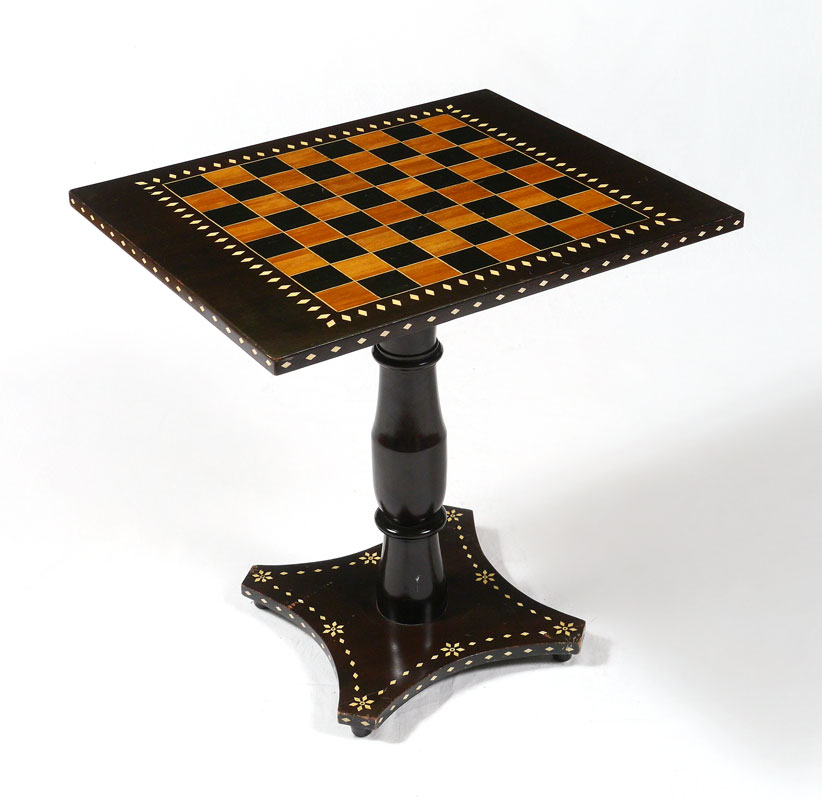 Appraisal: INLAID TILT TOP CHESS TABLE Rectangular top with inlaid chess