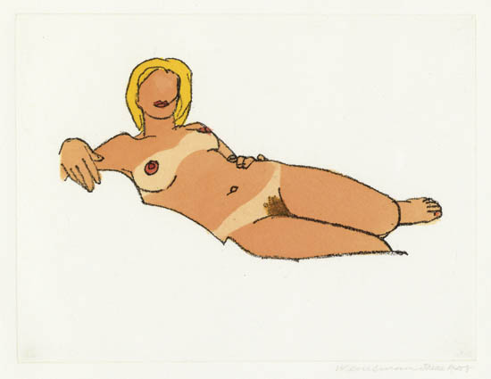 Appraisal: TOM WESSELMAN Monica Reclining Soft-ground etching with hand coloring in