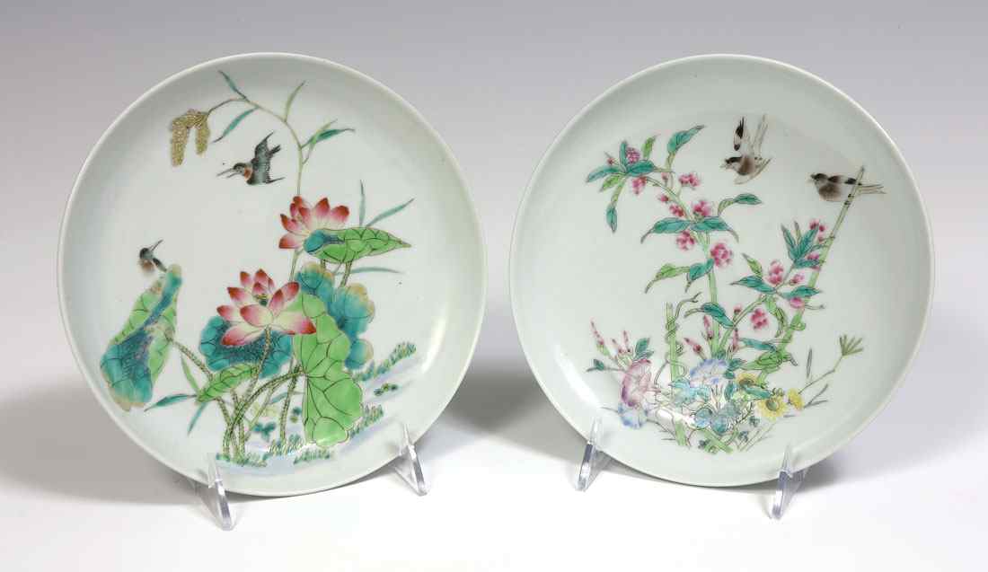 Appraisal: TWO CHINESE PORCELAIN PLATES LOW BOWLS Floral decorated red character