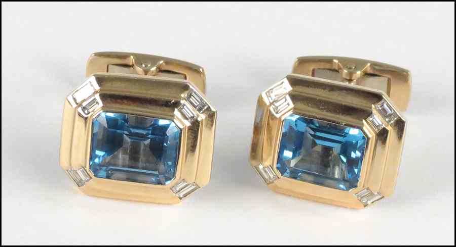 Appraisal: PAIR OF BLUE TOPAZ DIAMOND AND KARAT YELLOW GOLD CUFFLINKS